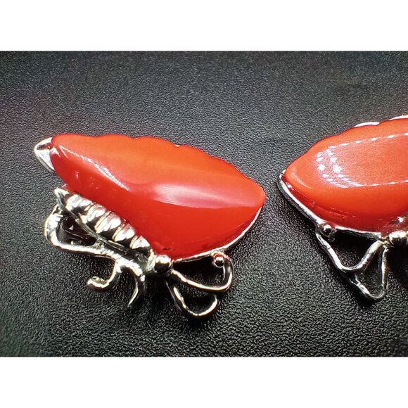 Clip On Earrings Butterfly Wings Orange Lucite Vintage 1950s Silver Tone 1 Inch - Picture 12 of 15